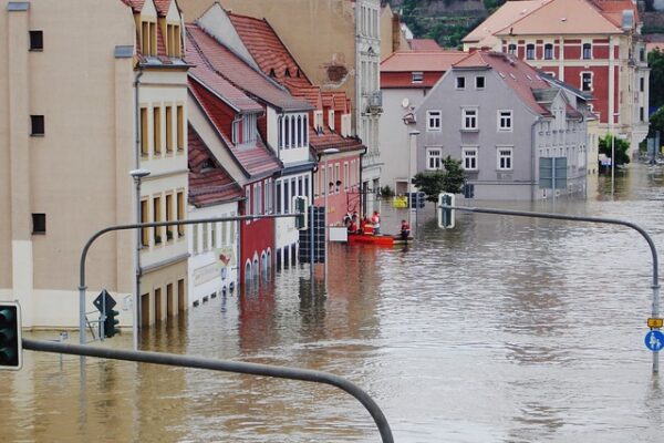 Flooded streets and buildings.