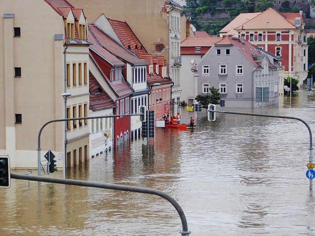 Flooded streets and buildings.