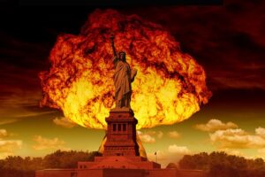 Fiery Mushroom cloud behind Statue of Liberty